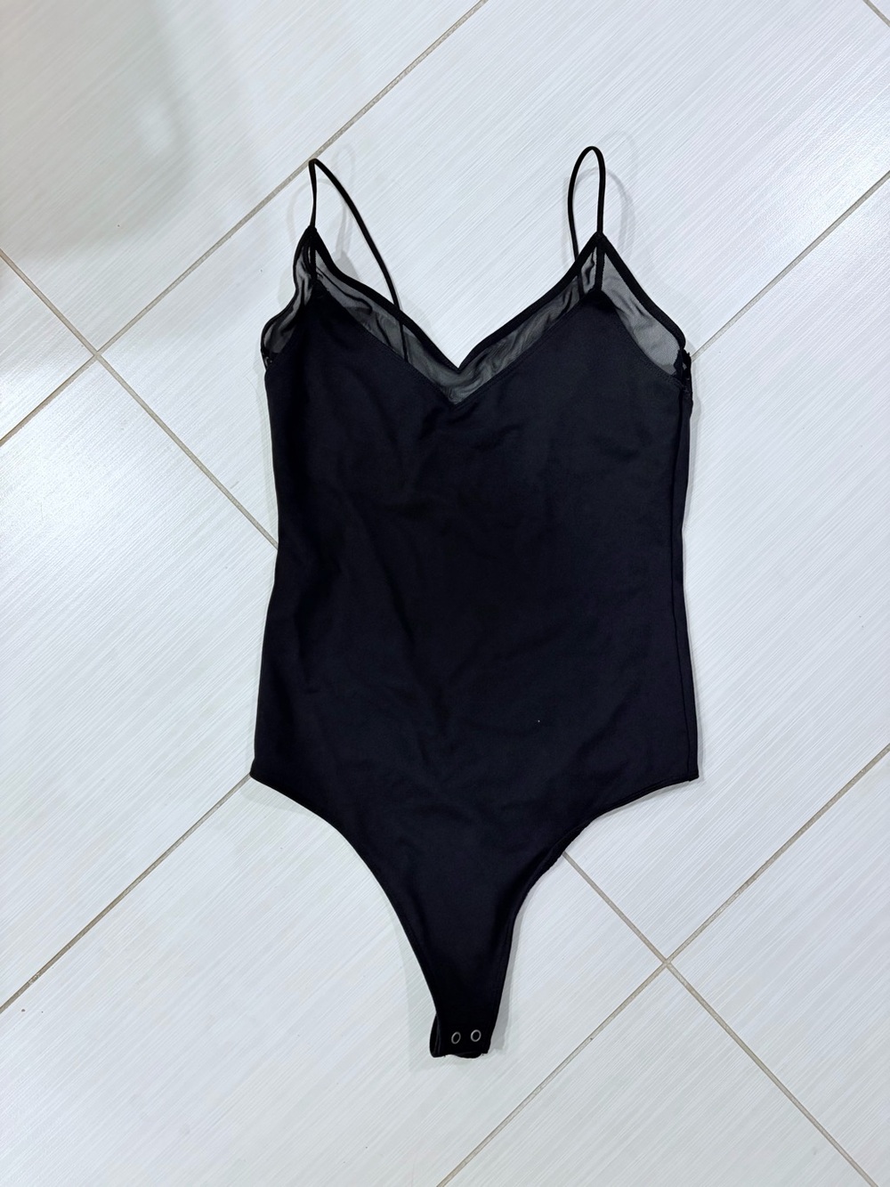 Abercrombie & Fitch Black Thong Bodysuit with Sheer Mesh Trim